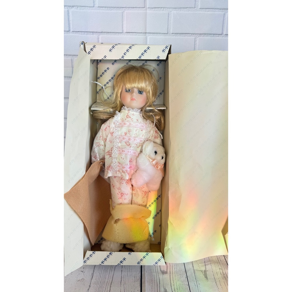 Vintage Style Porcelain Doll Blonde Hair Blue Eyes Pink Pajamas Teddy Bear